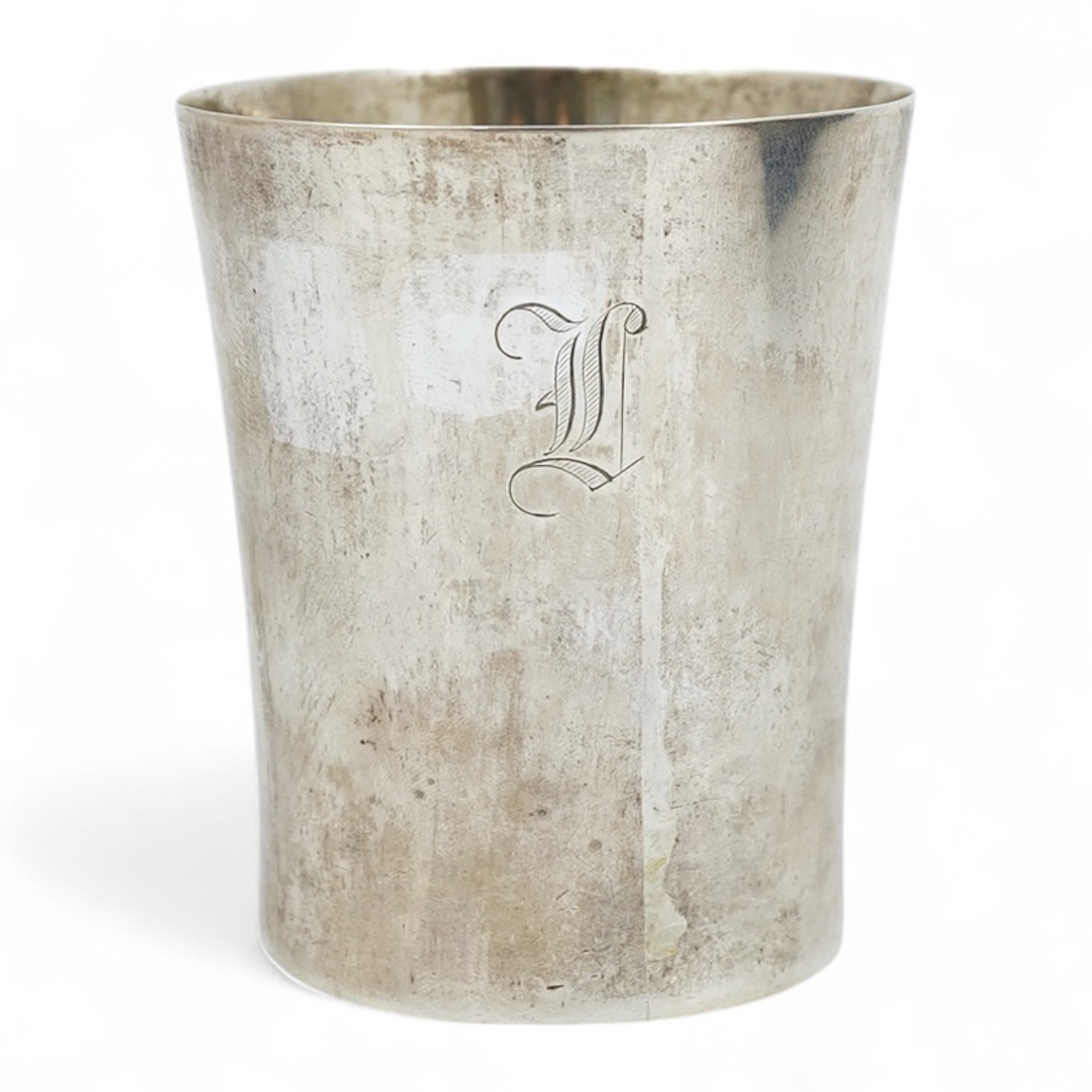 A white metal beaker the base inset with a silver medal commemorating the Peace of Oliva, 1660, Obv. Bird's-eye view of the city of Danzig with troops moving in foreground; above, an eagle crowned, an olive branch in its